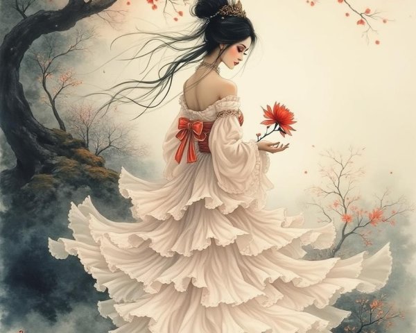 Woman in White Gown Surrounded by Clouds and Blossoms