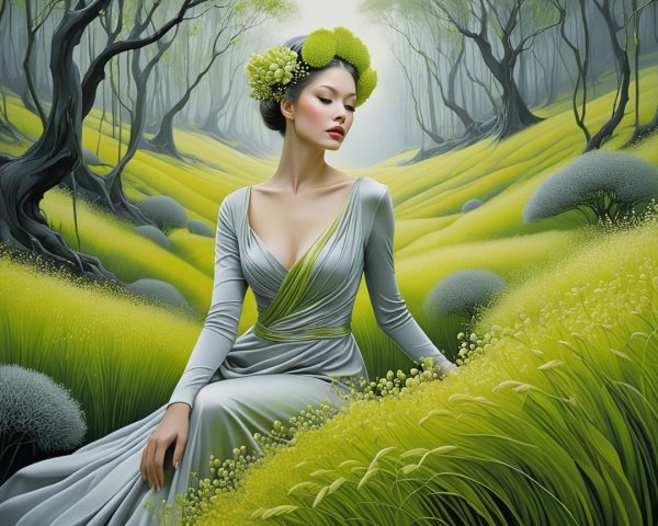 Serene Figure in Vibrant Green Landscape with Floral Crown