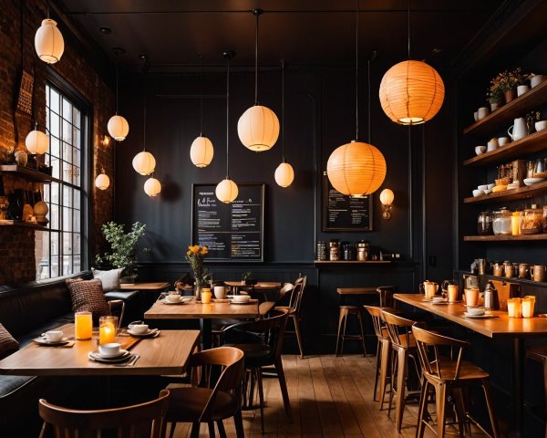 Cozy Restaurant with Warm Lighting and Rustic Decor