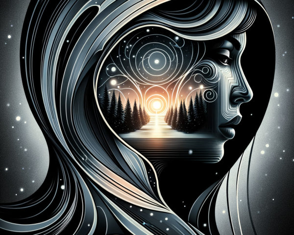 Silhouette of a Woman with Nature and Celestial Patterns