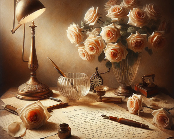 Warm Desk Scene with Vintage Lamp and Roses