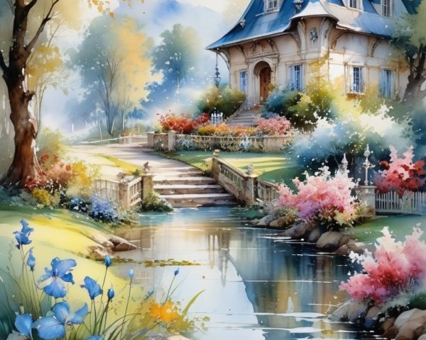 Charming House with Blue Roof in Vibrant Gardens