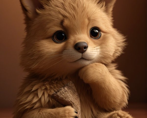 Fluffy Puppy with Expressive Eyes and Wood Piece
