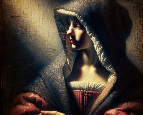 Young woman in embroidered gown gazes thoughtfully
