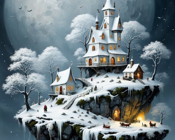 Whimsical Snow-Covered Castle in Winter Wonderland