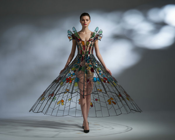 Model in Stained Glass-Inspired Vibrant Dress
