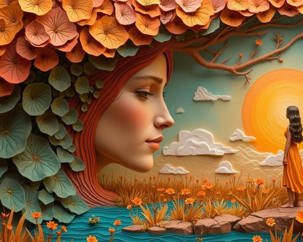 Surreal Landscape with Woman, Tree, and Tranquil River