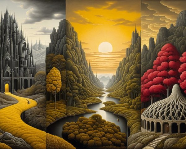 Triptych Landscape with Castle, River, and Dome Structure