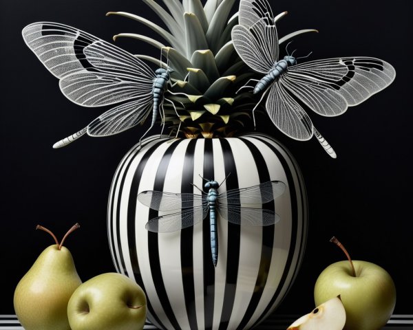 Vibrant Still Life with Vase, Fruits, and Insects