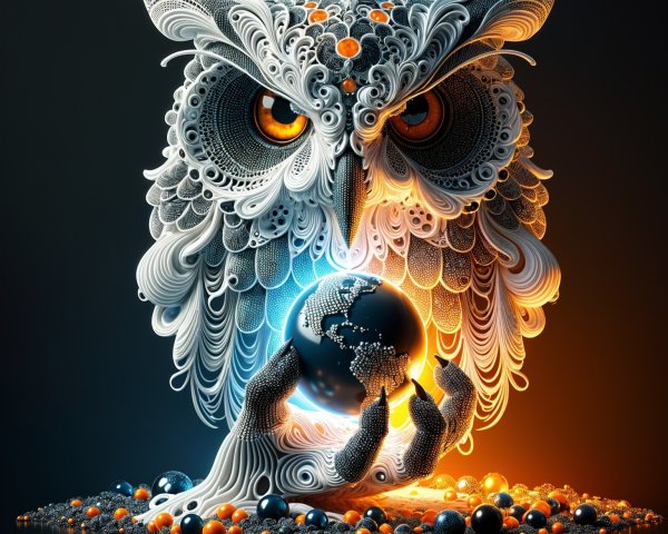 Stylized owl with intricate patterns and glowing globe