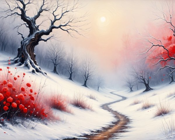 Winter Landscape with Snowy Path and Red Blossoms