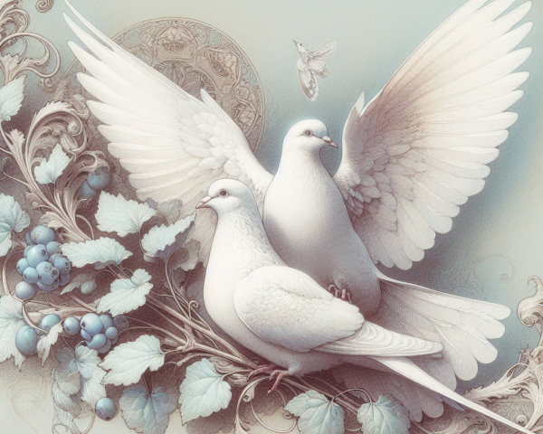 Doves on a Vine with Leaves and Blue Berries