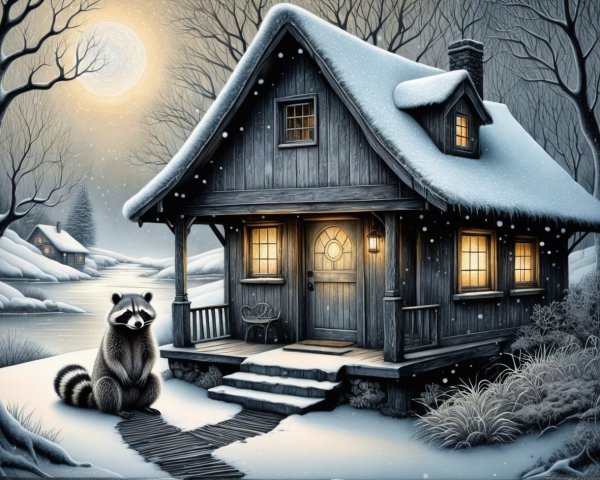 Snowy Cabin at Dusk with Raccoon in Foreground