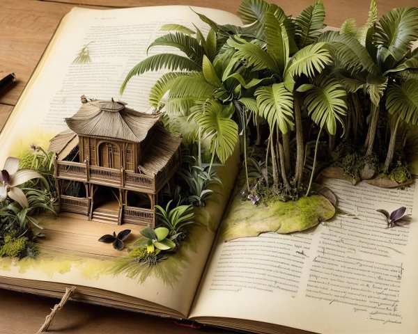 Macro Shot of Book with Jungle Diorama on Pages