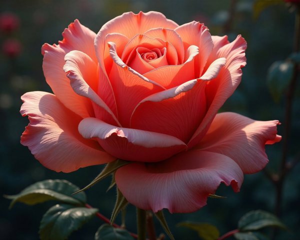 Close-up of a blooming peach-colored rose with foliage