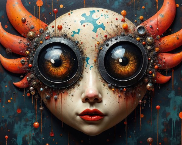 Surreal Large-Faced Figure with Colorful Decorations