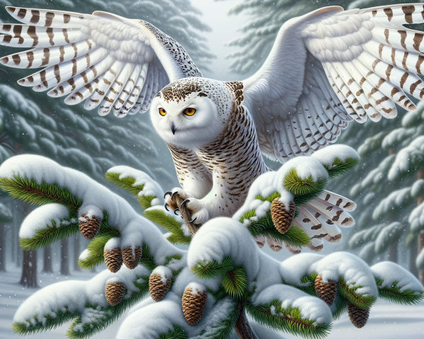 Realistic Female Snowy Owl Landing on Snowy Pine Branch
