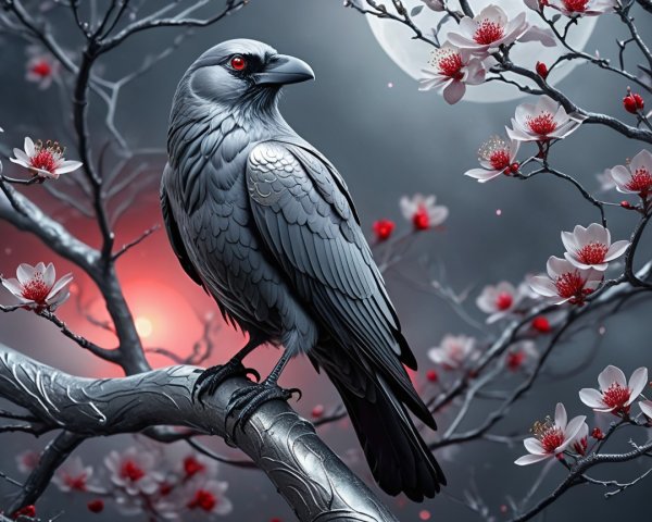 Black Raven on Gnarled Branch with Cherry Blossoms
