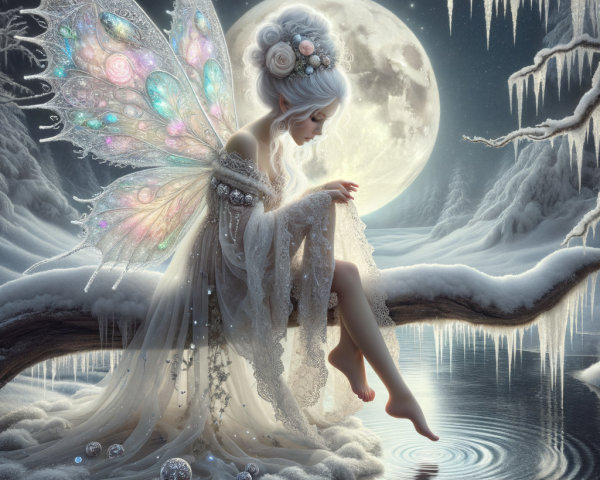 Winter Fairy with Iridescent Wings on Snowy Branch