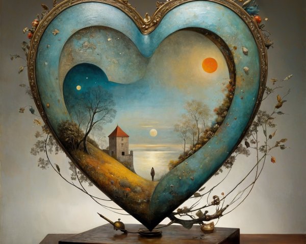 Heart-Shaped Frame with Serene Landscape and Castle