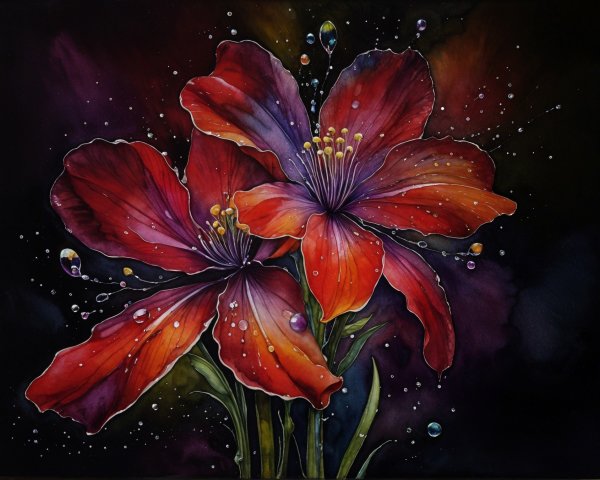 Watercolor Painting of Red Flowers with Dark Background