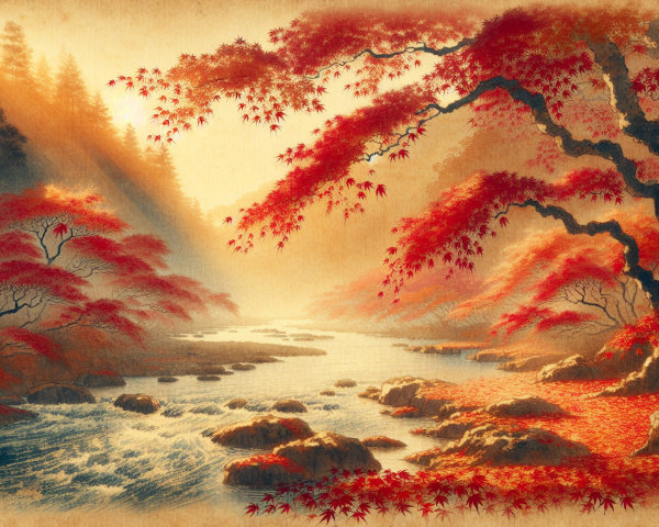 Serene Landscape with Flowing River and Autumn Foliage
