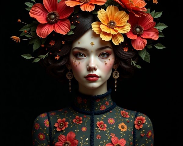 Floral Headdress and Dress with Porcelain Complexion