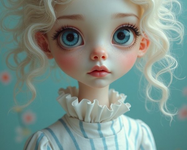 Delicate Doll with Blue Eyes and Floral Background