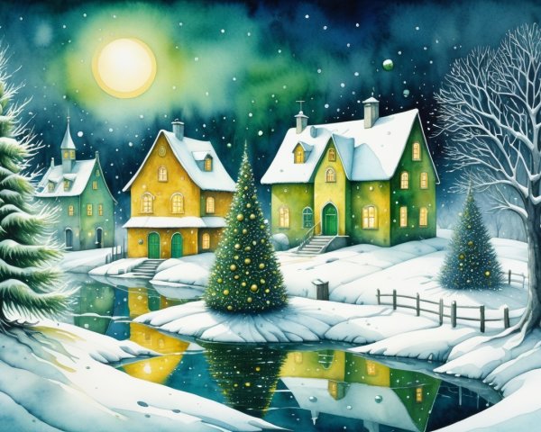 Winter Scene with Festive Houses and Snowy Landscape