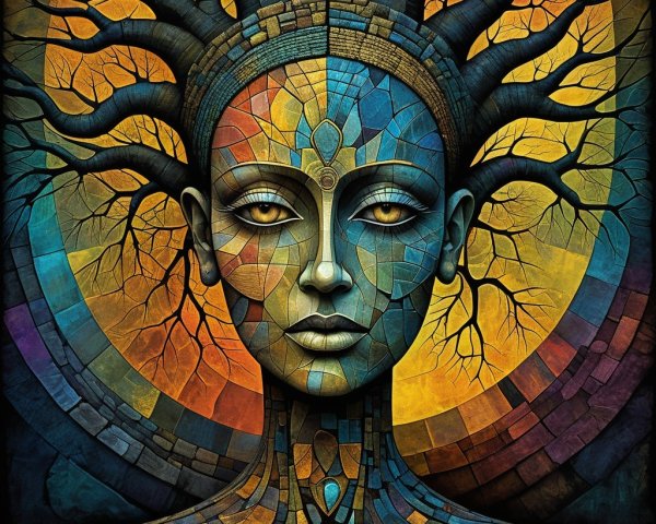Stylized Female Face with Multicolored Nature Patterns