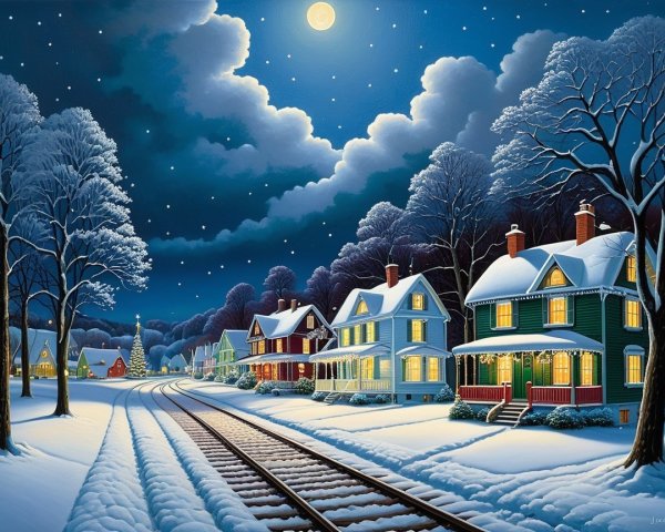 Winter Scene with Snowy Houses and Moonlit Landscape