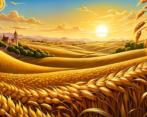 Golden Wheat Fields and Sunset Landscape Scene