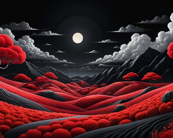 Surreal Landscape with Red Hills and Black Sky