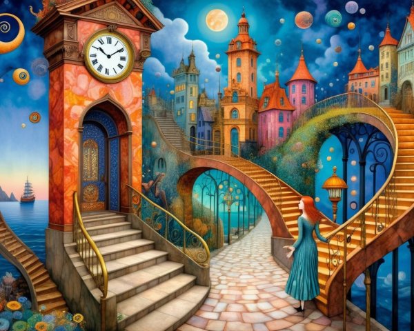 Whimsical Landscape with Colorful Architecture and Sea