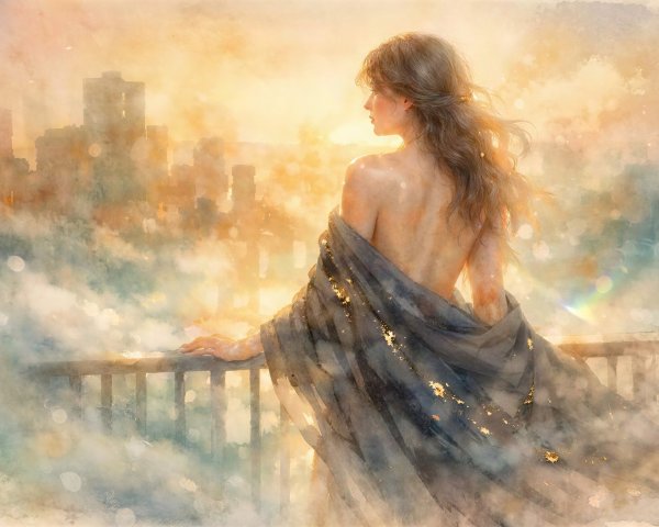 Watercolor of a woman overlooking a city at sunrise