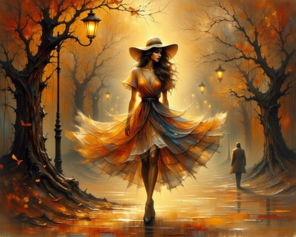 Autumn Scene with Woman in Orange Dress and Leaves