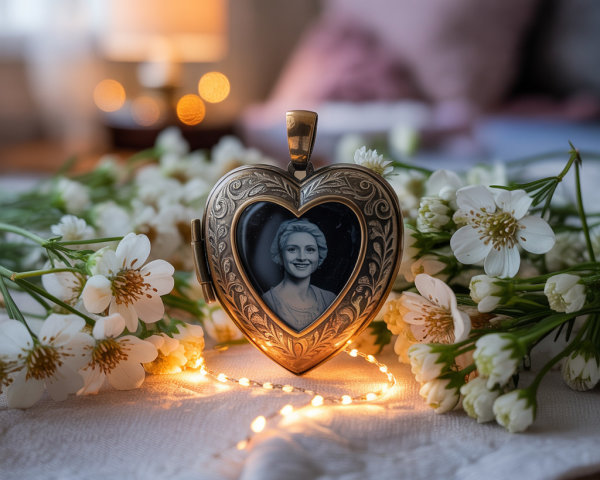 Heart-Shaped Locket with Photograph and Flowers