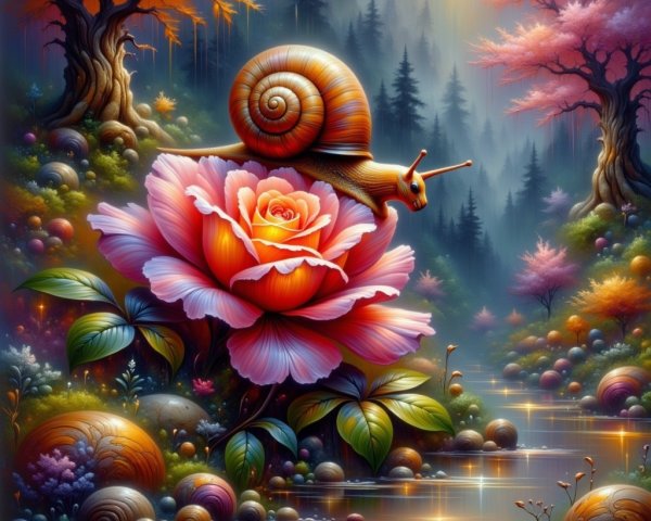 Whimsical Enchanted Forest with Colorful Snail and Rose