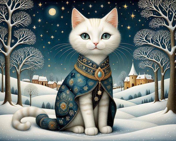 White Cat in Snowy Landscape with Cloak and Jewel