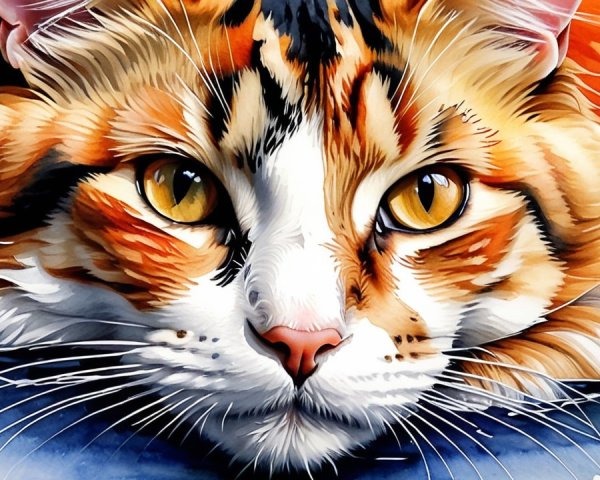 Close-up of a vibrant calico cat with amber eyes