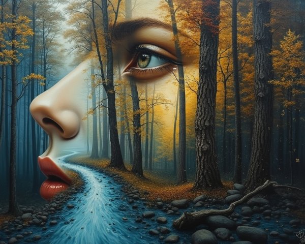 Surreal Landscape Merging Woman's Face and Forest