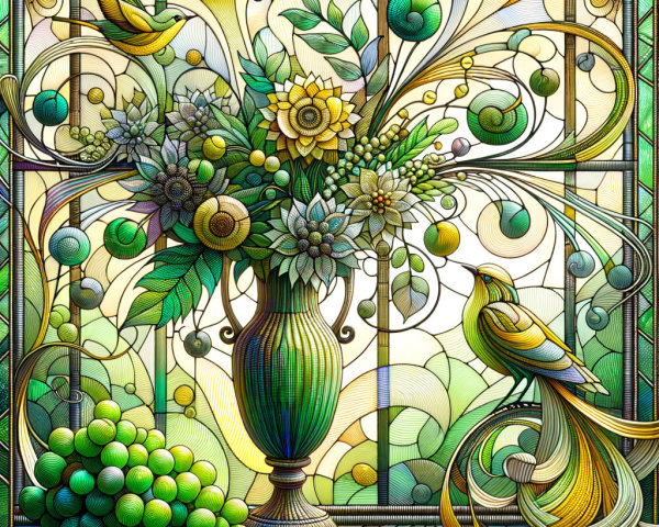 Vibrant Stained Glass Artwork of Bouquet and Bird