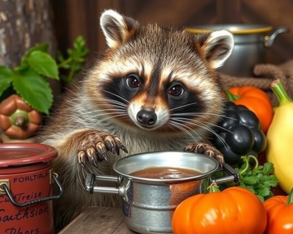 Curious Raccoon Among Colorful Vegetables in Rustic Setting