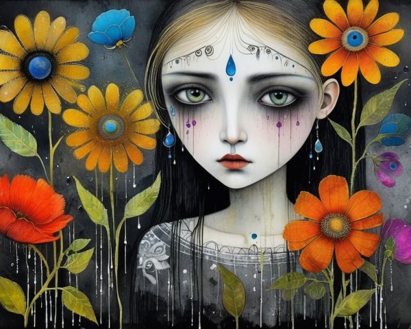 Haunting Portrait of Girl Among Vibrant Flowers