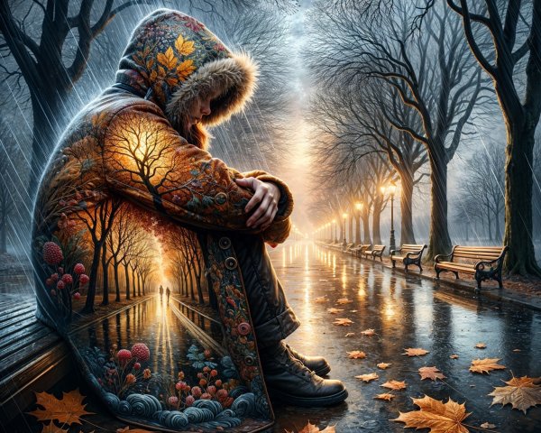 Figure in Ornate Coat on Rainy Autumn Walkway