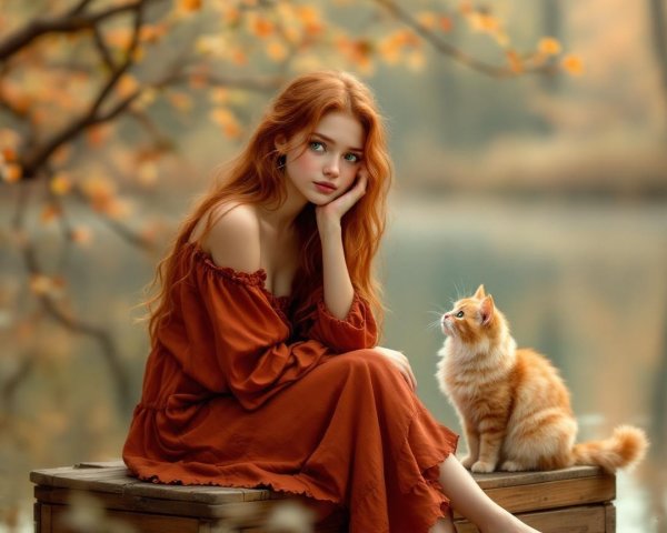 Young woman with red hair by tranquil lake in autumn