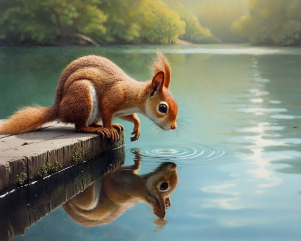 Squirrel Reflecting on Water at Tranquil Lake Dock
