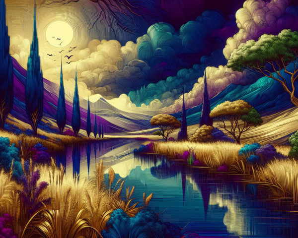 Vibrant Landscape with Serene Lake and Dramatic Sky