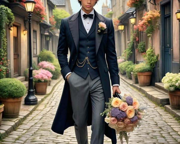 Fashionable Young Man in Formal Attire on Cobblestone Street