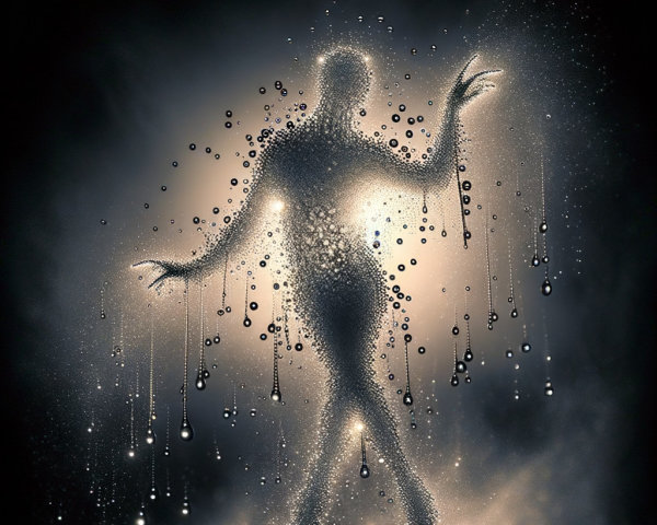 Ethereal Figure of Shimmering Droplets in Motion